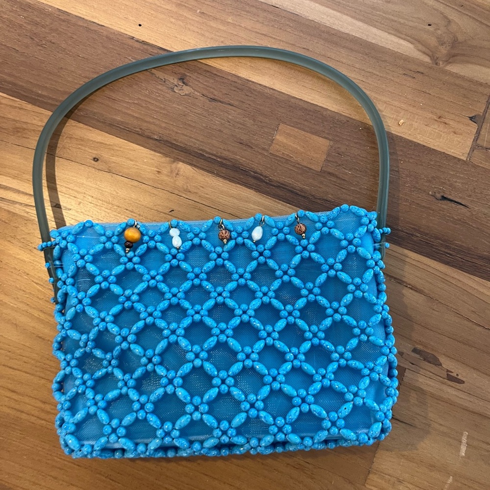 Beaded blue mermaid beach handbag with pearls